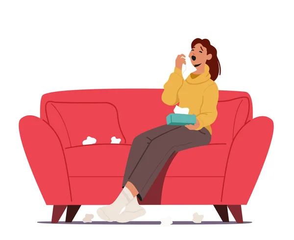 Concepto de Gripe y Enfermedad por Infección Viral. Mujer enferma estornudando con toallitas alrededor. Personaje Femenino Tos, Estornudos — Archivo Imágenes Vectoriales