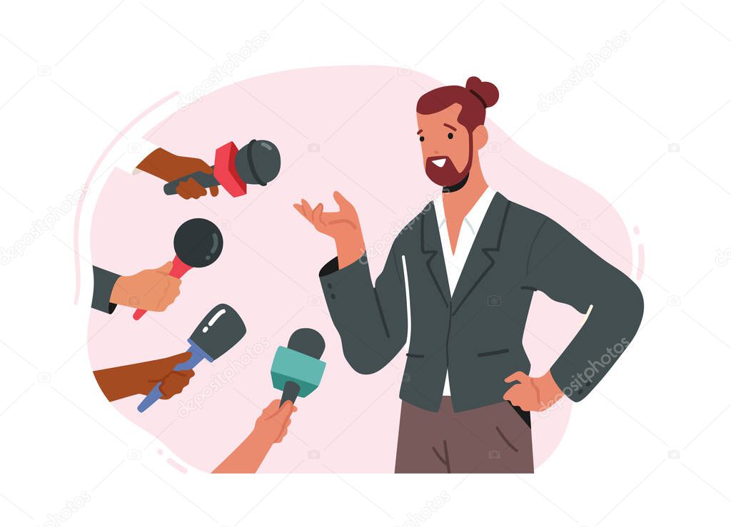 Successful Businessman or Famous Politician Character Gives Interview and Sharing Opinion with Newspaper Journalists