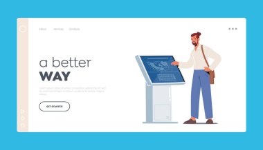 Erkek Karakteri Bilgi Büfesi İniş Şablonu Kullanıyor. Erkek Sergisi, Alışveriş Merkezi veya Kişisel Hizmet Müzesi