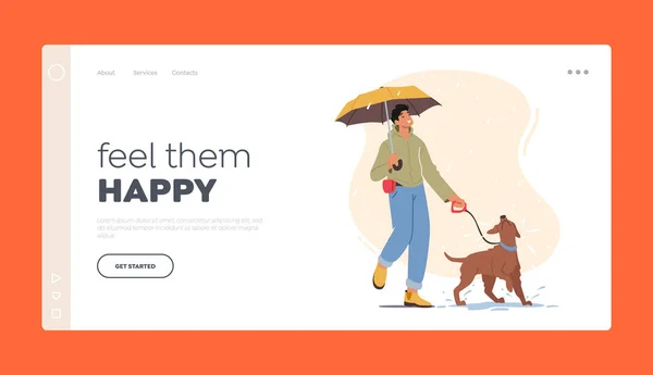 Outdoor Recreatie met Domestic Animal Landing Page Template. Jonge man wandelen met speelse hond bij regenweer — Stockvector