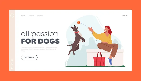 Donna che cammina con cane Landing Page Template. Personaggio femminile che gioca a palla con animali domestici che trascorrono il tempo al parco estivo — Vettoriale Stock