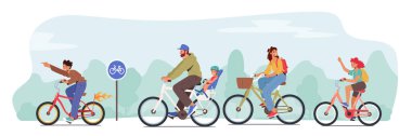 Mutlu Aile Karakterleri Bisiklete Biniyor. Baba, Oğul, Anne ve Kız Eğitim, Sağlıklı Yaşam Tarzı, Açık Hava Spor Aktivitesi