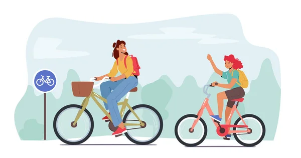 행복 한 가정 건강 한 생활 방식, 옥외 스포츠 활동. 어머니와 딸 이 자전거를 타는 모습. 어머니와 딸 — 스톡 벡터