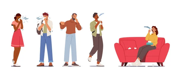 Eine Reihe von Charakteren mit Viruserkrankungen. Kranke Männer und Frauen niesen wegen Infektionssymptomen bei laufender Nase — Stockvektor