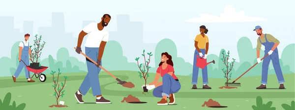 Riforestazione, natura ed ecologia Concetto. Giornata Mondiale dell'Ambiente, Personaggi piantare Piantine e alberi in crescita — Vettoriale Stock
