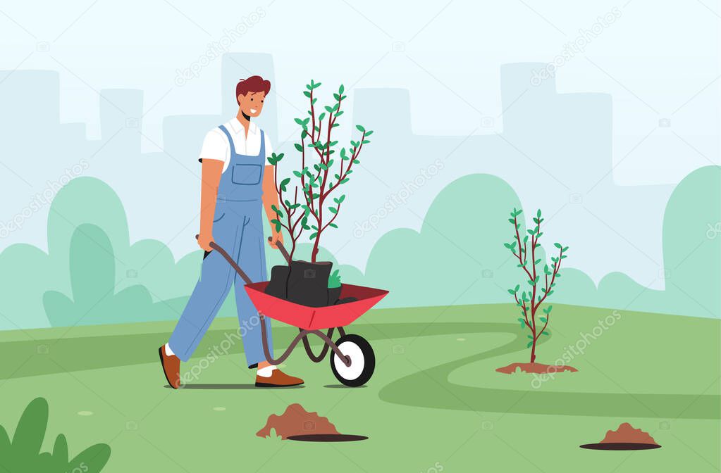 Male Character Planting Trees Seedlings to Soil in Garden, Man Move Plant on Wheelbarrow. Save World, Reforestation