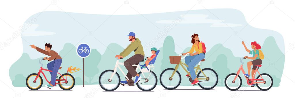 Happy Family Characters Riding Bikes. Dad, Son, Mom and Daughter Training, Healthy Lifestyle, Outdoors Sport Activity