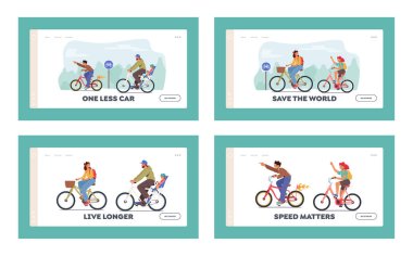 Bisiklete Binen Mutlu Aile Karakterleri İniş Sayfası Şablonu. Baba, Oğul, Anne ve Kız Eğitim Sağlıklı Yaşam Tarzı