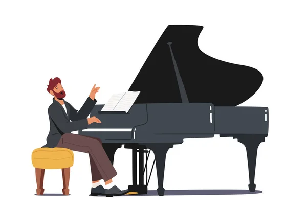 Pianista en traje de concierto tocando composición musical en piano de cola para orquesta sinfónica o interpretación de ópera — Vector de stock