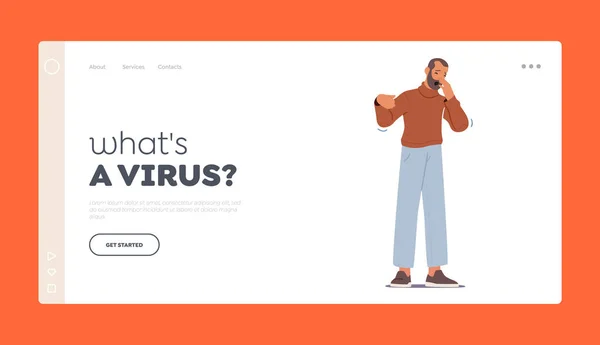 Příznaky chřipky a chřipky, Viral Infection Landing Page Template. Nemocný muž kýchá, neduživý kašel — Stockový vektor