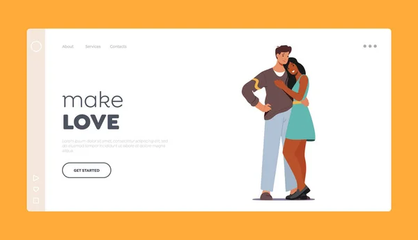 Personagens masculinos e femininos abraçando modelo de landing page. Amante casal relações românticas. O homem e a mulher abraçam — Vetor de Stock