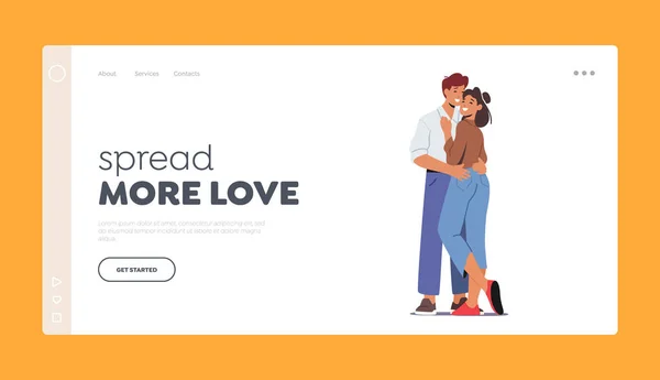 Casal amoroso relações românticas Landing Page Template. Homem e mulher felizes Abraçando e abraçando, sentimentos românticos — Vetor de Stock