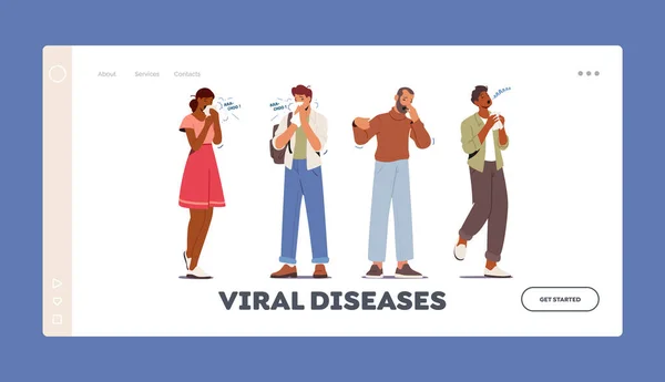 Personajes con plantilla de Landing Page de Enfermedades Virales. Hombres y mujeres enfermas estornudando con secreción nasal debido a un síntoma de infección — Vector de stock