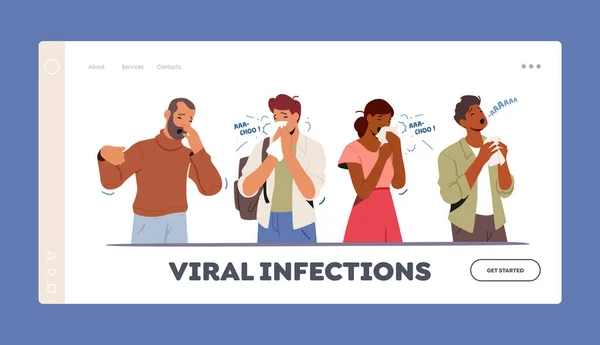 Ill Personagens espirrando com Runny Nose, Infecção viral modelo de página de destino. Gripe contagiosa ou sintomas de doença viral — Vetor de Stock