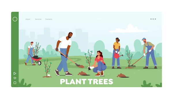 Riforestazione Landing Page Template. Giornata Mondiale dell'Ambiente, Personaggi Piantare Piantine e Coltivare Alberi nel Suolo — Vettoriale Stock