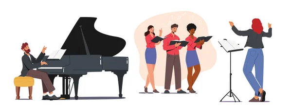 Karakterek énekelnek kórusban zenei kísérettel. Fiatal férfiak és nők éneklő könyvekkel Színpadon — Stock Vector