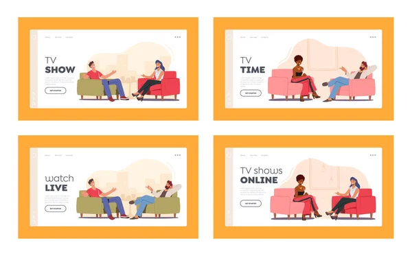 Tv Show with Guest Landing Page Template Set. Personnages de célébrités accordant une entrevue à un présentateur de télévision en studio — Image vectorielle