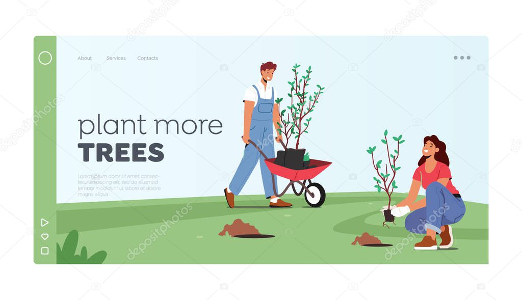 Global Environmental Movement, Reforestation Landing Page Template. Characters Planting Seedlings and Trees in Garden