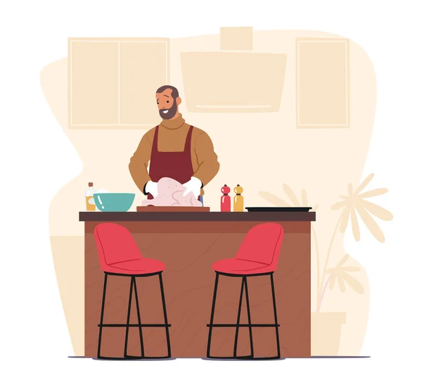 Schöner Mann, der zu Hause in der Küche kocht Happy Male Character Stuff Truthahn oder Huhn, Zubereitung leckeres gesundes Essen — Stockvektor