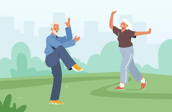 Yaşlı insanlar için Tai Chi kursları. Kıdemli Karakterler Açık havada egzersiz yapıyor, Sağlıklı Yaşam Tarzı, Vücut Esnekliği Eğitimi — Stok Vektör