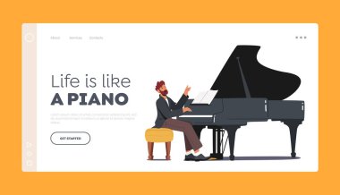 Sahne İniş Şablonu Sanatçısı. Konser Kostümlü Piyanist Grand Piano 'da Müzikal Kompozisyon Çalıyor