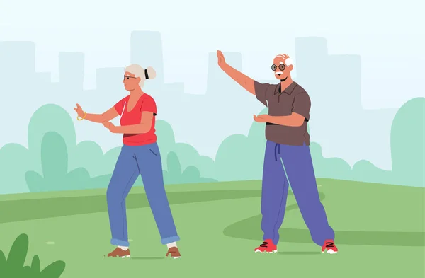 Senior Male and Female Characters Exercising at City Park (en inglés). Clases de Tai Chi al aire libre para personas mayores. Estilo de vida saludable — Archivo Imágenes Vectoriales