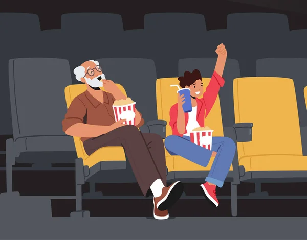 Familie weekend vermakelijk, grootvader en kleinzoon personages kijken naar de film in de bioscoop met Pop Corn en Cola — Stockvector