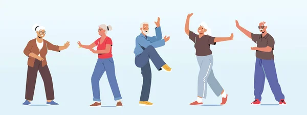 Set Seniors Κάντε Tai Chi Άσκηση Εξωτερικές. Πρωινή προπόνηση συνταξιούχων στο City Park, ομαδικές τάξεις για ηλικιωμένους — Διανυσματικό Αρχείο