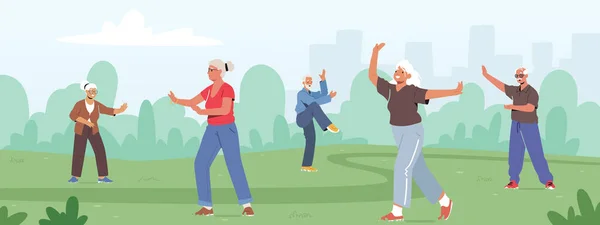 Seniors Exercising Outdoors Κάνοντας Τάι Τσι για Υγιές Σώμα, Ευελιξία και Ευεξία. Πρωινή προπόνηση συνταξιούχων — Διανυσματικό Αρχείο