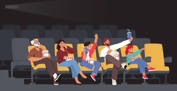 Family Watching Movie at Cinema. Joven madre, padre y abuelo, hija e hijo disfrutando del cine en el cine — Vector de stock