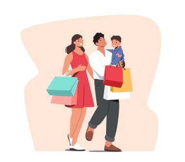 Aile alışverişi. Anne ve Baba ve Küçük Çocuk Süpermarketi Satın Almak İçin Ziyaret Ediyor, Ailesi Dükkanda Olan Çocuk
