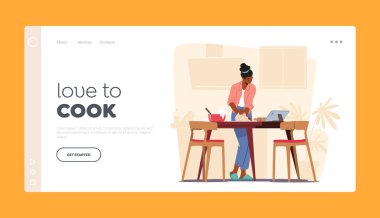 Kadın Pişirme İniş Sayfası Şablonu. Genç kadın mutfakta yemek pişiriyor ve dizüstü bilgisayarda film izliyor. Kız Çökme Hamuru
