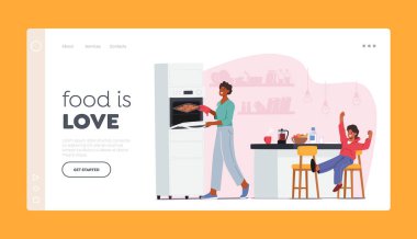 Öğle yemeğinde Aile Karakterleri İniş Sayfası Şablonu. Mutfakta Anne ve Küçük Çocuk Birlikte Zaman Geçiriyorlar
