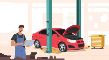 Tamirciler Mavi Tulum Giyindi Garajda Dizüstü bilgisayar, Aletli Tamir Servisi Personeli, Otomatik Denetim