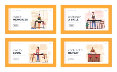 Karakterler Mutfak İniş Şablonu Ayarında Aşçı. Dağıtan Kadın, Yemek Hazırlayan Kız Kesen Sebzeler