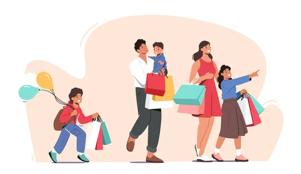 Gelukkige familie winkelen. Vader, moeder en kleine kinderen met papieren tassen en ballonnen op bezoek bij de supermarkt voor aankopen — Stockvector