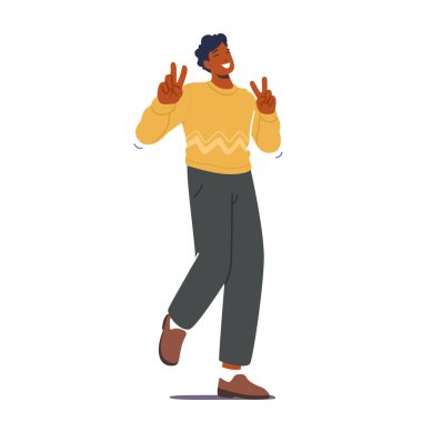 Body Language, Happy Character Show Victory Symbol. Man Show Positive Gesture, Cheerful Student Win, Excited Emotion