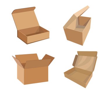 Set of Cardboard Boxes Mockup, Cargo Parcel Package, Containers. Carton Open Packaging for Goods, Isolated Empty Drawers