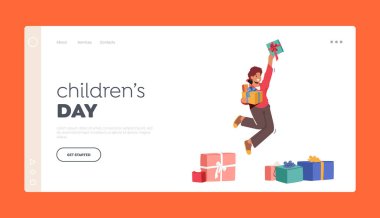 Children Day Landing Page Template. Happy Boy Jumping with Gift in Hands, Joyful Kid Got Present for Birthday or Holiday