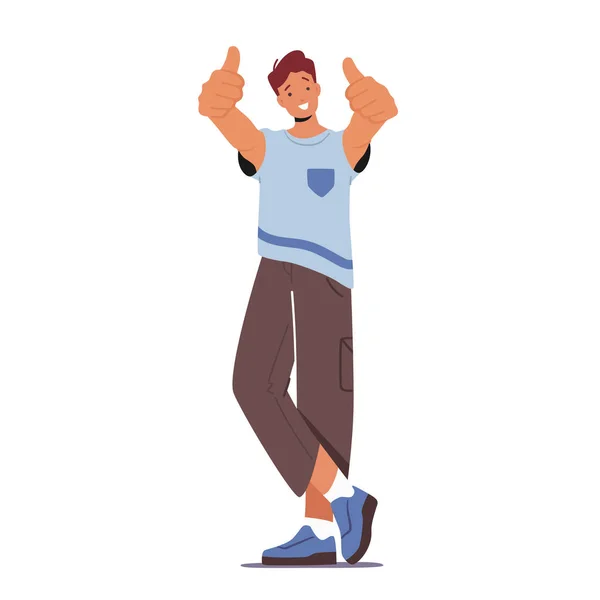 Happy Man Show Thumbs Up, Man Show Positive Gestures, Satisfied Cheerful Student Excited Emotion, Approval Gesturing — Stockvector