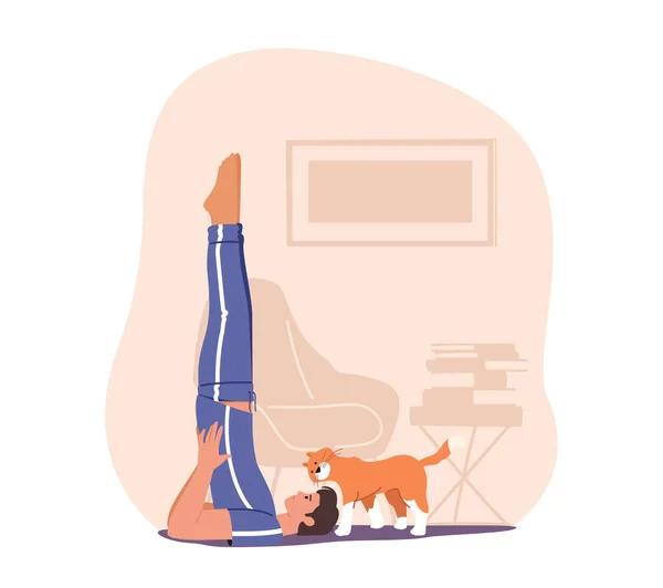 Man Doing Morning Exercises at Home. Male Character Conducting Healthy Lifestyle Doing Stretching or Yoga Asana — Stock Vector