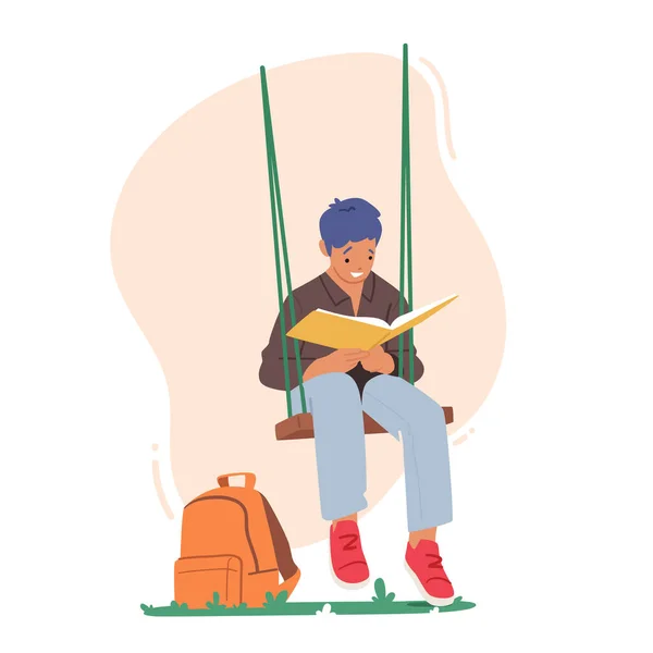 Kid Character Reading Interesting Book Sitting on Swing Hanging at Tree, Relaxing or Prepare for School Examinations — Stockvektor