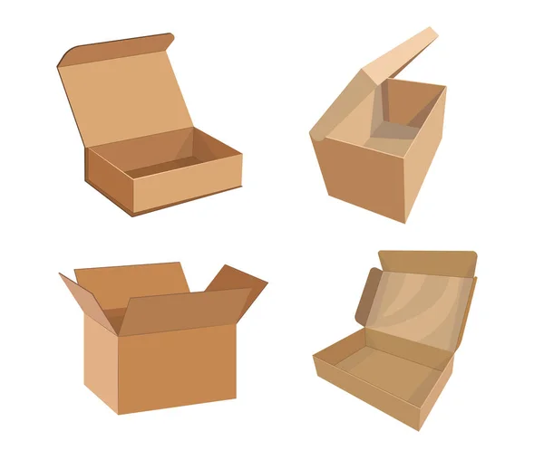 Set of Cardboard Boxes Mockup, Cargo Parcel Package, Containers. Carton Open Packaging for Goods, Isolated Empty Drawers — Vettoriale Stock