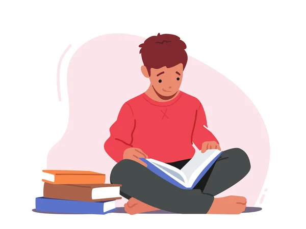 Little Boy Reading Book, Kid Character Studium, Návštěva vysoké školy nebo předškolní vzdělávání tříd. Školní dítě v knihovně — Stockový vektor