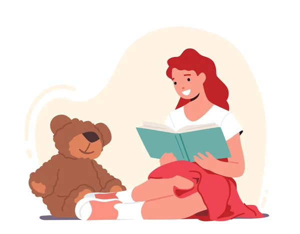 Girl Character Reading Books to Soft Bear Toy. Back to School, Lesson, Education and Knowledge Concept. Kid Studying — 스톡 벡터