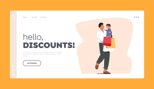 Family Weekend Shopping,Discount Landing Page Template. Young Father with Little Son on Hands Holding Bags — Διανυσματικό Αρχείο