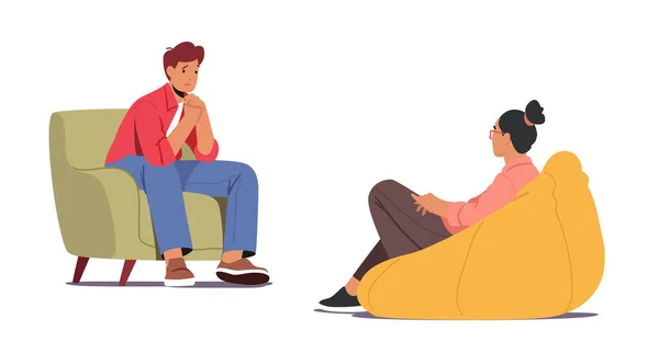 Depressed Man Sitting on Couch at Psychologist Appointment for Professional Help. Doctor Specialist Talking with Patient — Image vectorielle