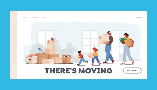 People Relocation, Happy Family Moving into New House Landing Page Template. Mother, Father and Children Carry Boxes — стоковый вектор