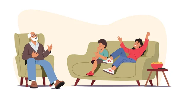Happy Family Laughing. Grandfather Telling Funny Stories to Children Spending Time Together with Positive Emotions — Image vectorielle