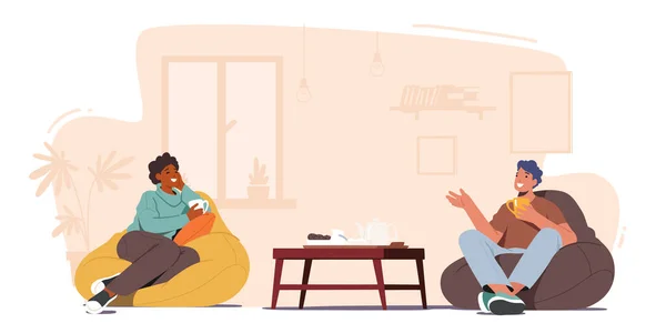 Couple of Friends Sitting on Couch, Drinking Tea and Communicating at Home. Male and Female Characters Friendship, Relax — Stockvector